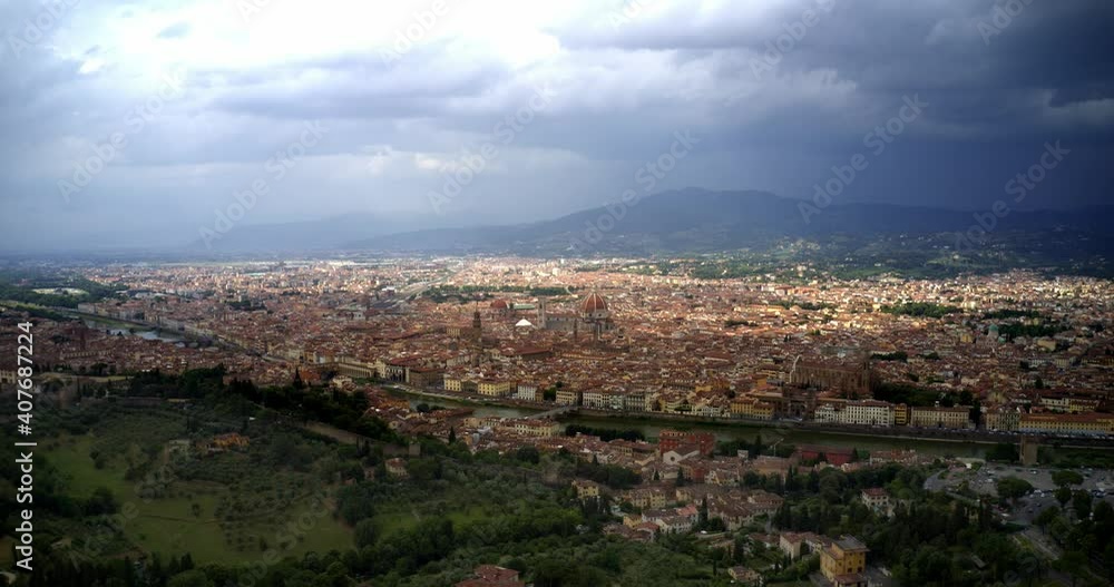 Hyperlapse Aerial View Of Panorama Of Florence, Italy. Beautiful Cityscape, Drone Shot of old city. Cathedral di Santa Maria del Fiore Hyperlapse Aerial View Of Panorama Of Florence, Italy. Beautiful Cityscape, Drone Shot of old city. Cathedral di Santa Maria del Fiore