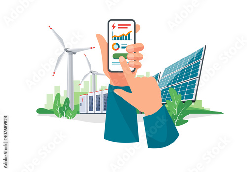 Hands holding mobile cell phone with electricity energy control usage smartphone monitoring app. Sustainable renewable power plant storage station with solar panels, wind. Isolated vector illustration