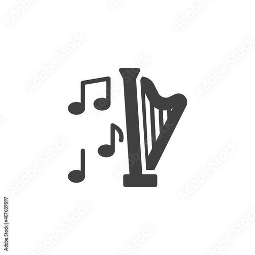 Harp music instrument vector icon. filled flat sign for mobile concept and web design. Harp and musical note glyph icon. Symbol, logo illustration. Vector graphics