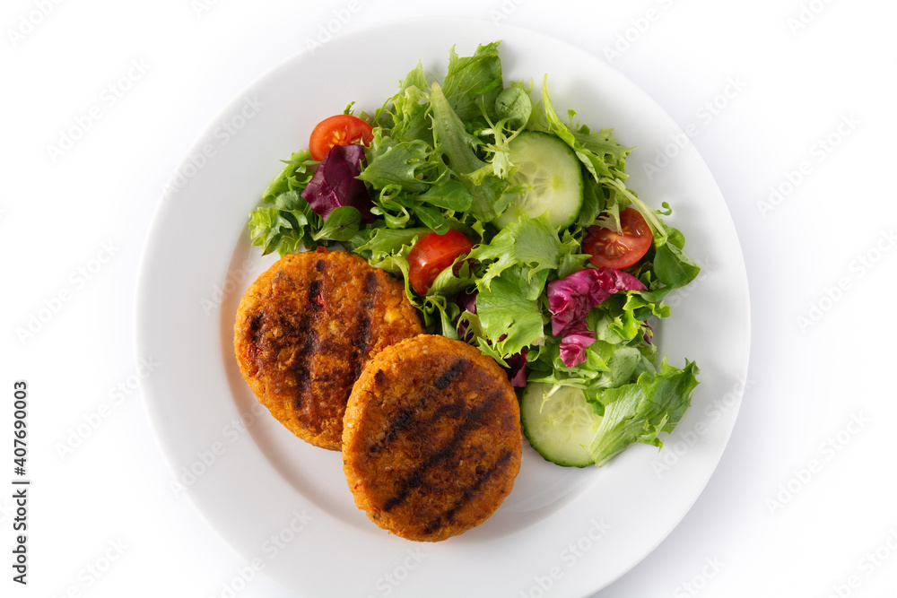 Delicious healthy chickpea burger and salad isolated on white background Delicious healthy chickpea burger and salad isolated on white background
