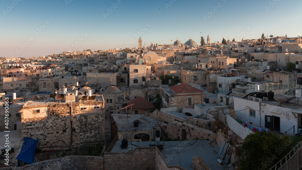 Jerusalem Old City panorama, top view, ancient town from above