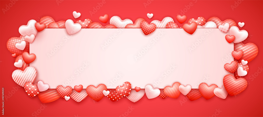 Frame of Red Hearts. Realistic valentine's Day banner background. Beautiful romantic banner background