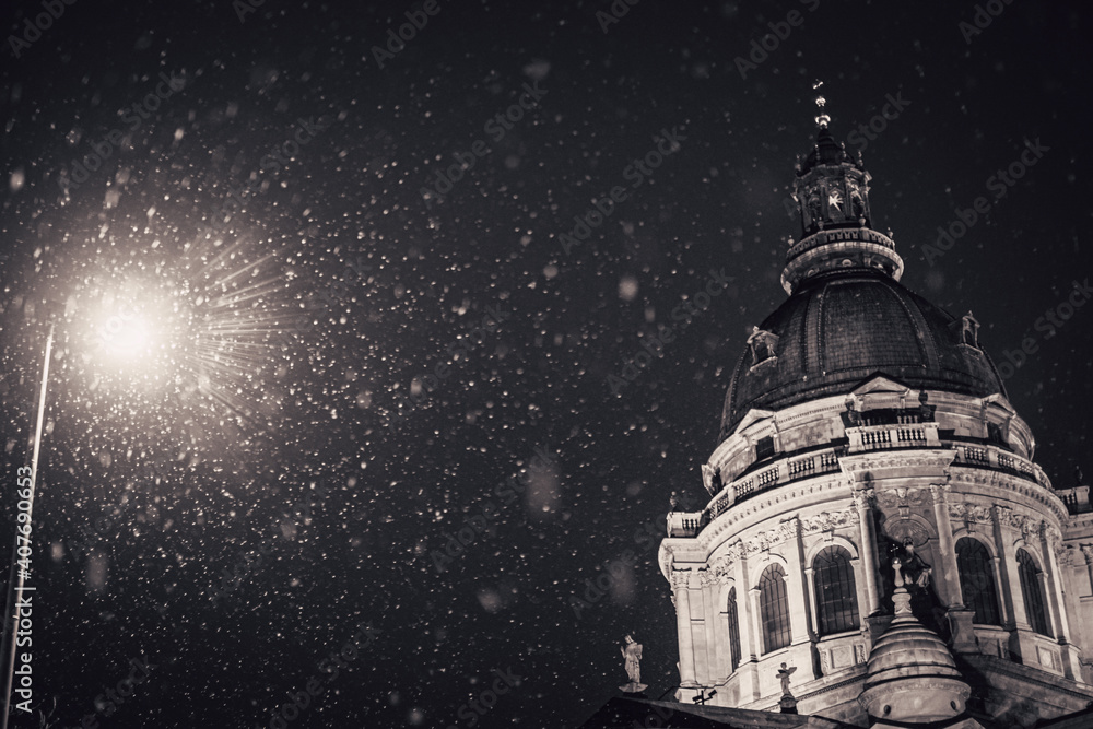 Dome of St, Stphens Basilica with Snow - Budapest, Hungary