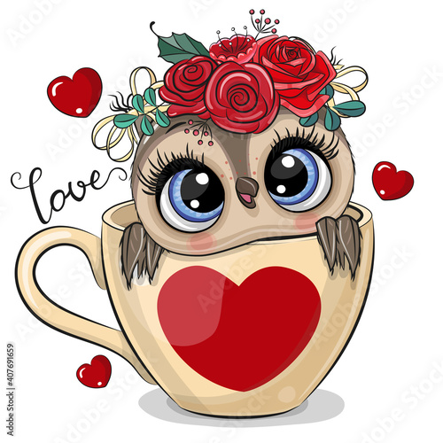 Cartoon Owl is sitting in a Cup with heart print