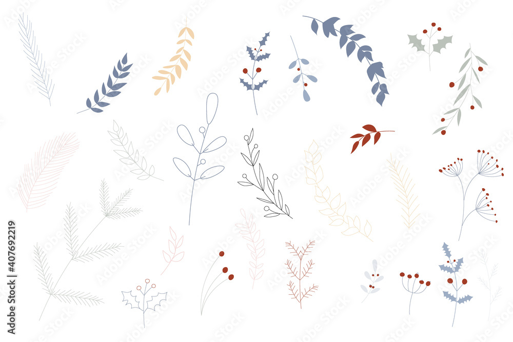 Fototapeta premium Leaves and branches - Vector hand drawn plants. Collection of botanical illustration. Template design for sail, wedding save date, envelope, valentine, for party, holiday decor.