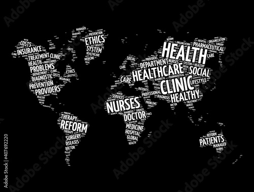 Health and Life World Map in Typography, sport, health, fitness word cloud concept background
