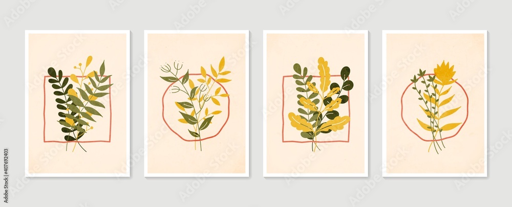 Botanical wall art vector set. Minimal and natural wall art. Boho foliage line art drawing with abstract shape. Abstract Plant Art design for print, wallpaper, cover. Modern vector illustration. - obrazy, fototapety, plakaty 