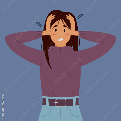 Flat vector illustration with a woman's mental disorder. Vector concept of mental disorder. The panicked girl holds her head.
