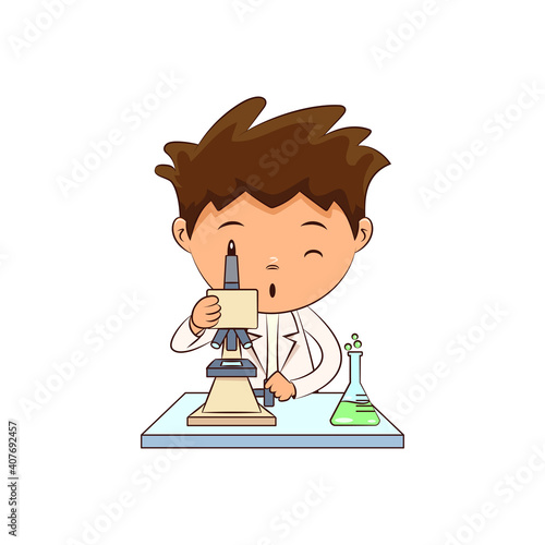 Child scientist using microscope, cute kid