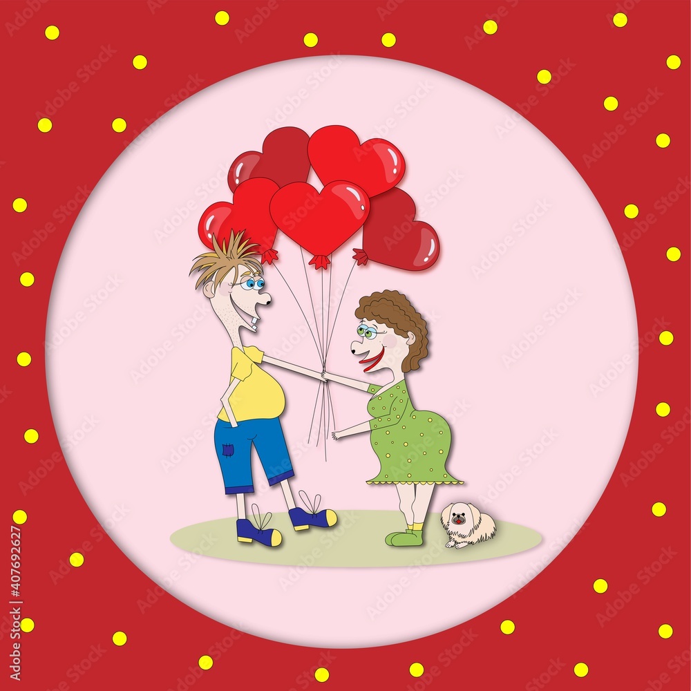 lovers man and woman with balloons and a dog lovers man and woman with balloons and a dog