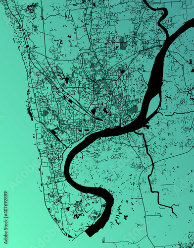 Chittagong, Bangladesh (BGD) - Urban vector megacity map with parks, rail and roads, highways, minimalist town plan design poster, city center, downtown, transit network, gradient blueprint