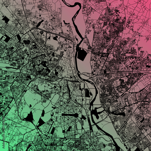 Delhi, India (IND) - Urban vector megacity map with parks, rail and roads, highways, minimalist town plan design poster, city center, downtown, transit network, gradient blueprint