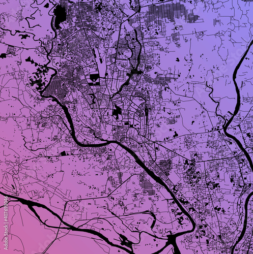 Dhaka, Bangladesh (BGD) - Urban vector megacity map with parks, rail and roads, highways, minimalist town plan design poster, city center, downtown, transit network, gradient blueprint