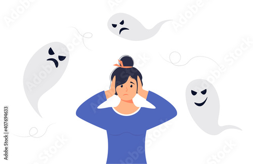 Anxiety or fears concept. Negative thoughts around the woman. Anxiety or panic. The woman covers her ears with her hands. The female character suffers from negative thoughts or emotions.