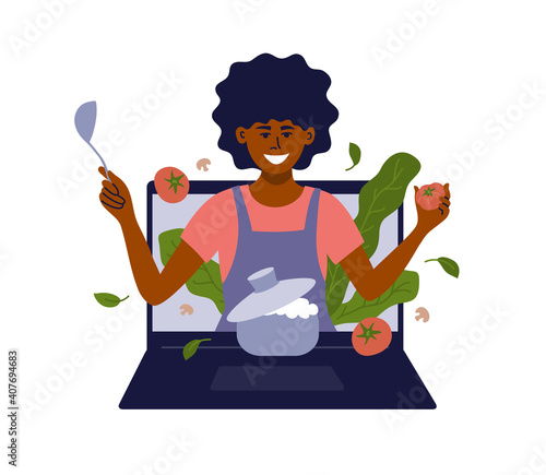 African american woman with kitchen utensils look out of laptop. Black female vlogger preparing healthy food online. Blog, show or cooking class. Culinary video broadcast, channel vector illustration