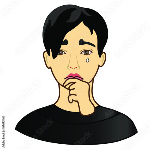 emoticon with sad man in mourning with depressed face in black makeup and clothes that expresses emotion of pain, emoticon on white isolated background