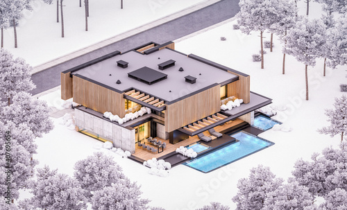 Wallpaper Mural 3d rendering of modern cozy house with parking and pool for sale or rent with wood plank facade and beautiful landscaping on background. Cool evening winter with cozy light from windows Torontodigital.ca