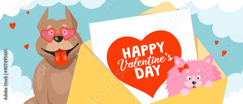 Funny pitbull dogs in heart-shaped sunglasses and a small spitz in an envelope with a valentine card. Cartoon vector illustration
