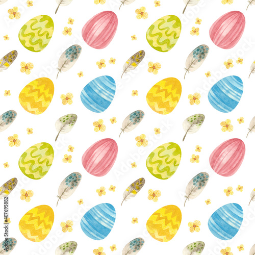 Spring seamless pattern. Template with Easter eggs, flowers and feathers. Watercolor colorful clipart on white background