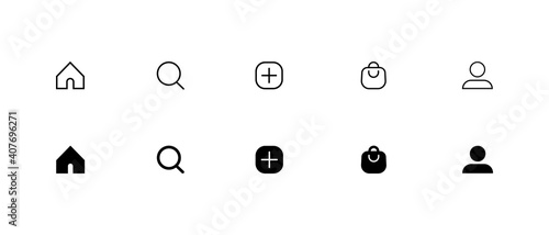 Icon Set of Social Media. Home, Search, Post, Shop, and Profile Button