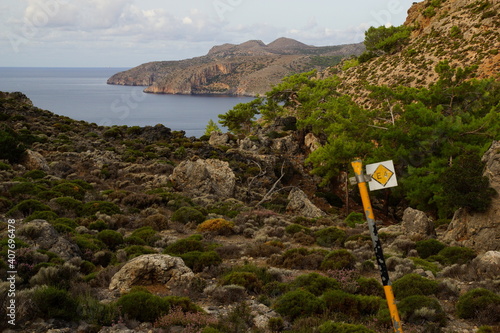 Signpost for E4 European long distance path at Crete island, Greece