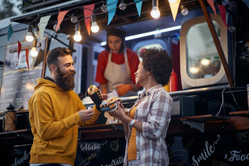 friends eating sandwiches, smiling and talking, in front of modified truck for fast food service