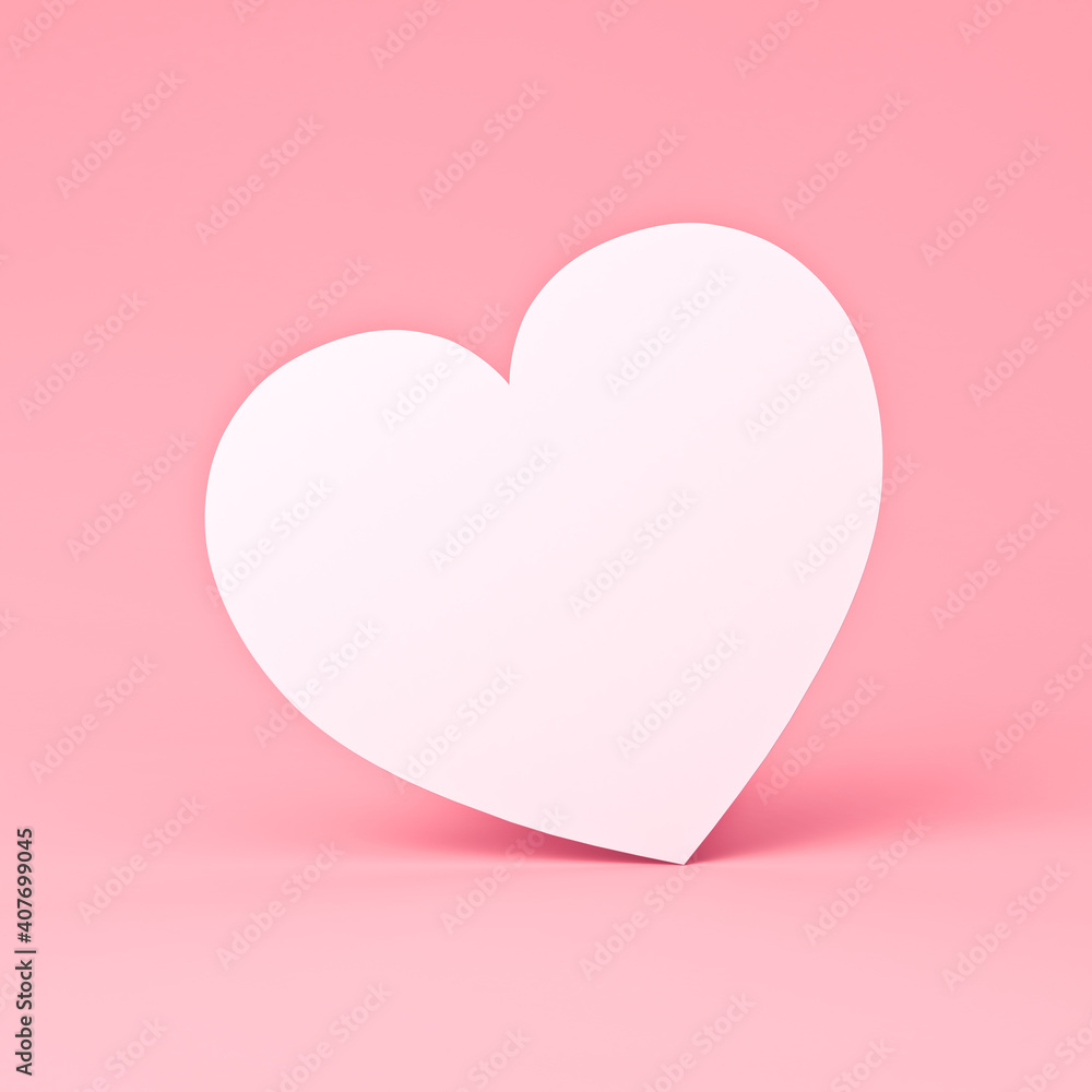 Blank white love heart card isolated on pink pastel color background minimal conceptual 3D rendering