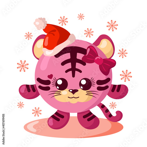 Funny cute kawaii tiger with Christmas hat and round body surroundet by snowflakes in flat design with shadows. Isolated winter holiday vector illustration 