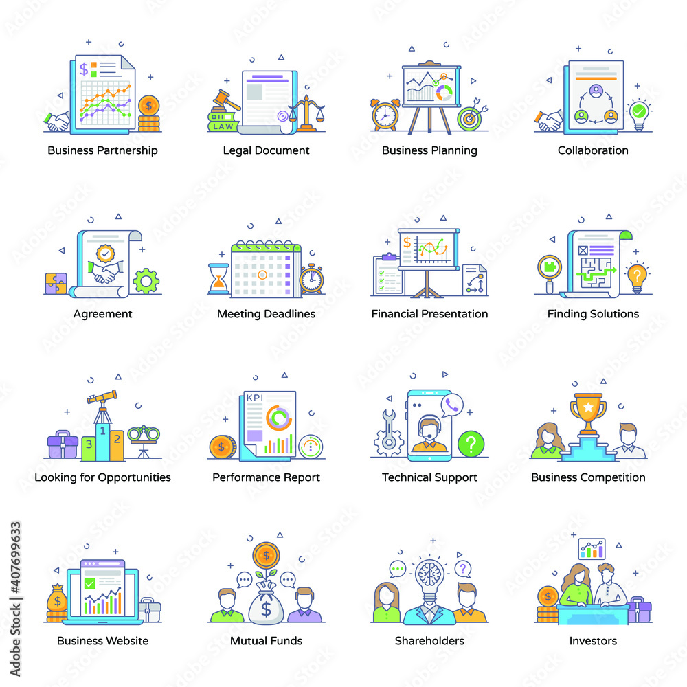 
Business Partnership Flat Outline Icons 
