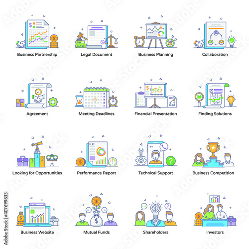  Business Partnership Flat Outline Icons 