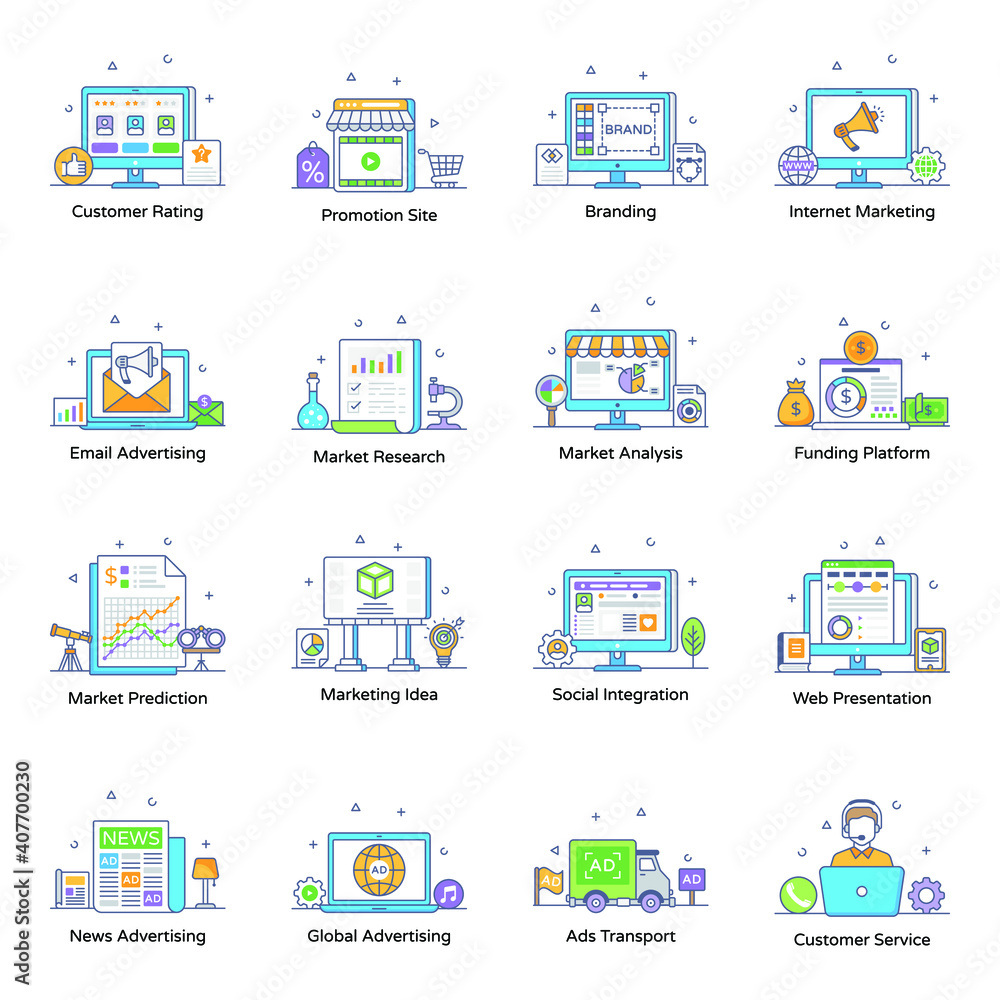 
Set of Marketing and Promotion Flat Outline Vectors
