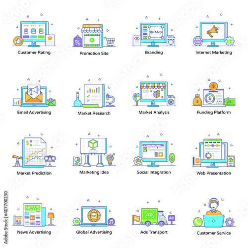  Set of Marketing and Promotion Flat Outline Vectors 