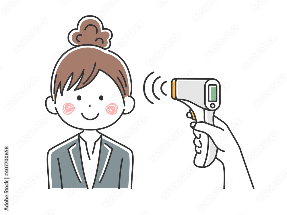 赤外線温度計で検温される日本人ビジネスウーマンのイラスト 赤外線温度計で検温される日本人ビジネスウーマンのイラスト