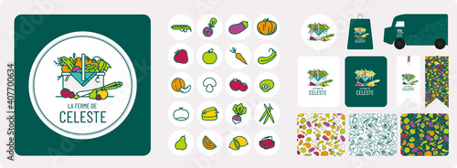 identité visuelle de vente directe à la ferme légumes et fruits de saison, logo, tampon, motif, sac, étiquette, mockup, 