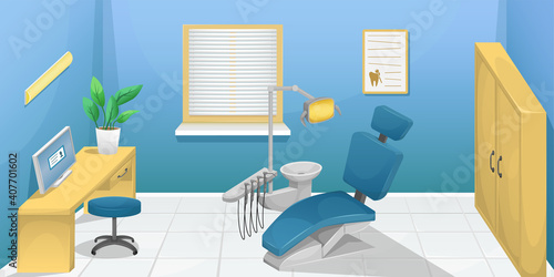 Vector illustration of a dentist's office with a dental chair, a desktop with a computer. Dental clinic.