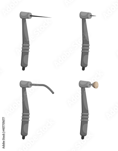 Vector illustration of dentist's drilling tools. Treatment of caries, pulpitis, periodontitis. Dental clinic.