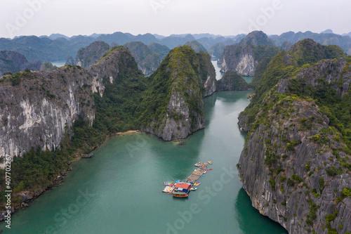 Aerial view of Floating fishing village in Lan Ha Bay, Vietnam. UNESCO World Heritage Site. Near Ha Long bay