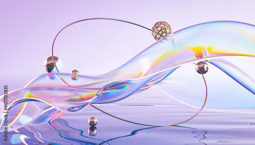 Fototapeta Abstract 3d render. Glass ribbon on water with geometric circle and spheres. Holographic shape in motion. Iridescent digital art for banner background, wallpaper. Transparent glossy design element.