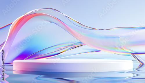 3d render podium with transparent glass wavy ribbon on water. Abstract geometric background in holographic blue colors. Modern platform mock up for promotion banners, product show presentation