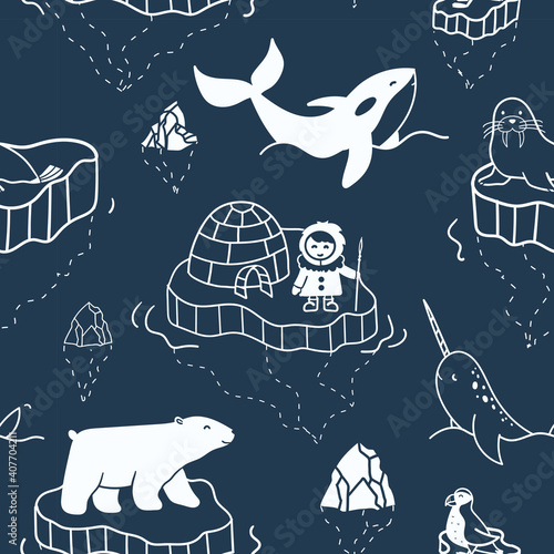 Seamless pattern with hand-drawn illustrations of arctic animals and eskimo floating on iceberg. Simple doodle drawings with polar animals - bear, norval, killer whale, puffin and walrus.