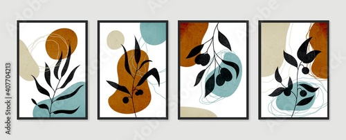 Botanical wall art vector set. Minimal and natural wall art. Boho foliage line art drawing with abstract shape. Abstract Plant Art design for print, wallpaper, cover. Modern vector illustration.