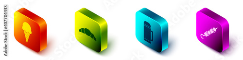 Set Isometric Ice cream in waffle cone, Croissant, Thermos container and Grilled shish kebab icon. Vector.