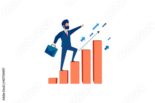 Vector of an ambitious business man climbing up graph columns