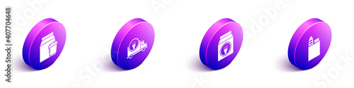 Set Isometric Online ordering and delivery, Fast delivery by car, Online ordering and delivery and Shopping bag and food icon. Vector.