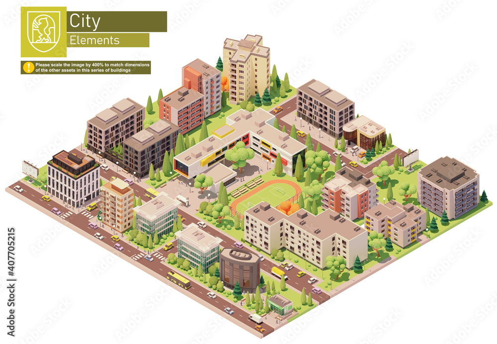 Vector isometric city or town block with school building. Buildings, houses, homes and offices. People and transport on the streets.