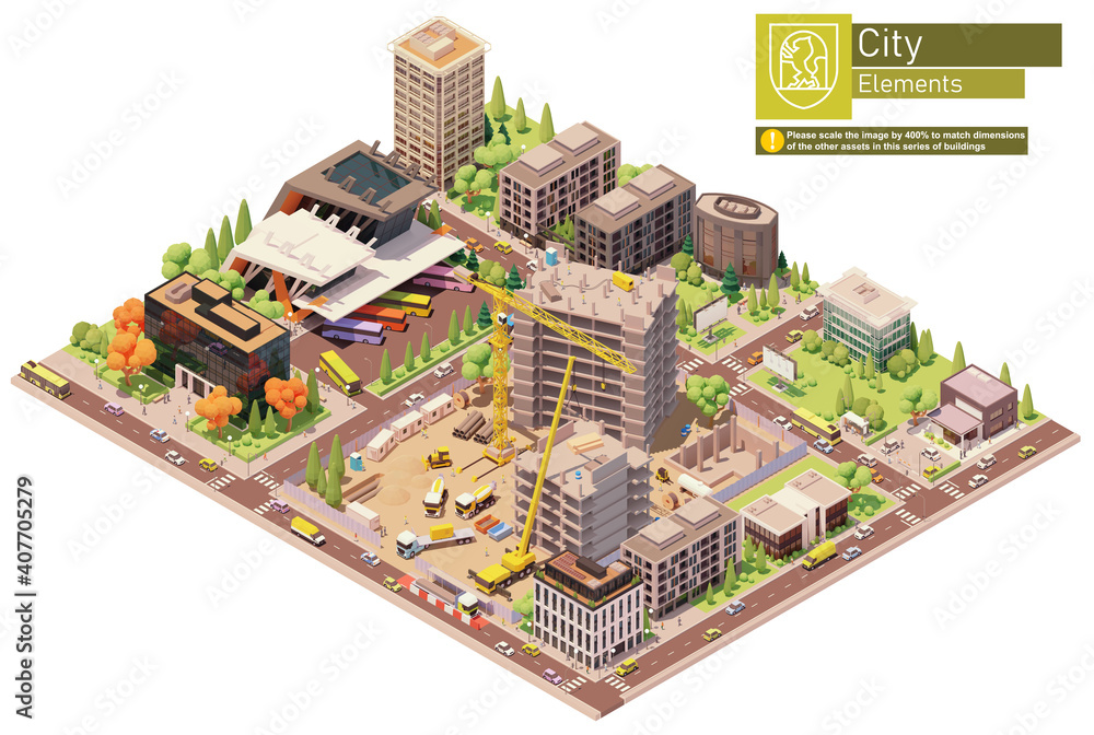 Vector isometric city or town block with building construction site and bus terminal. Buildings, houses, homes and offices. People and transport on the streets. Vector isometric city or town block with building construction site and bus terminal. Buildings, houses, homes and offices. People and transport on the streets.