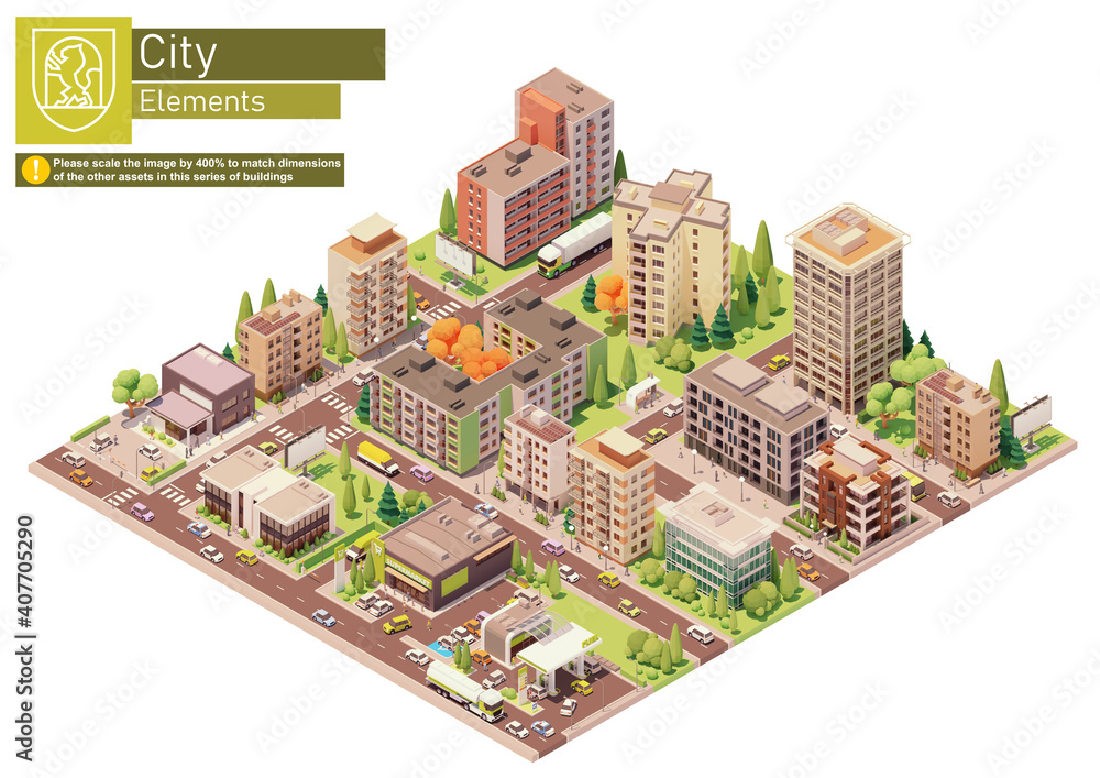 Vector isometric city or town block with supermarket building and gas station. Buildings, houses, homes and offices. People and transport on the streets.