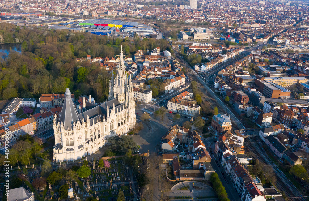 Brussels, Laeken, Belgium, April 8, 2020: aerial view of the Church of Our Lady of Laeken - Église Notre-Dame de Laeken