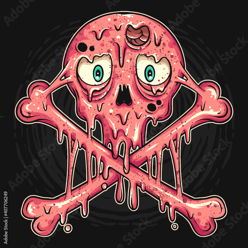 The skull, bubblegum flavor ice cream is melted and sticky
