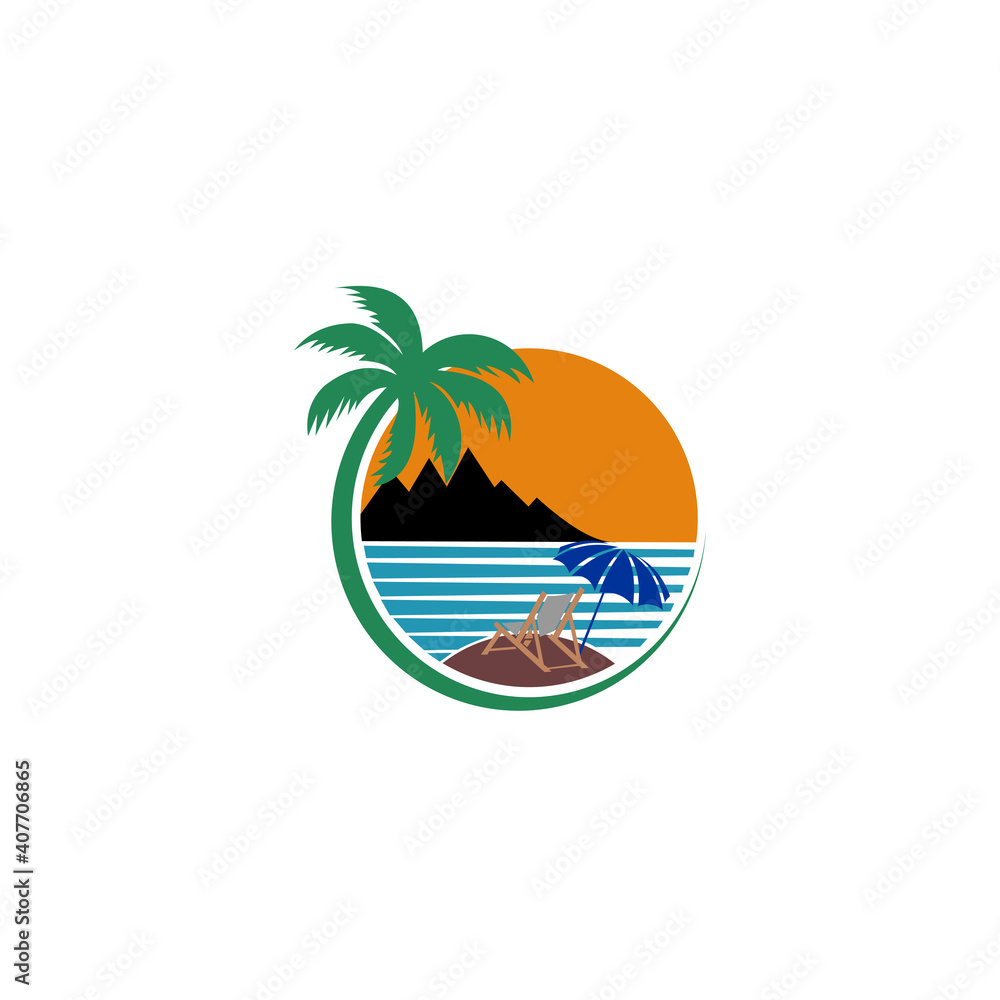 Fototapeta premium tropical beach, lounge chair. Deck chair and beach umbrella on the sand coast. Flat Design Style.